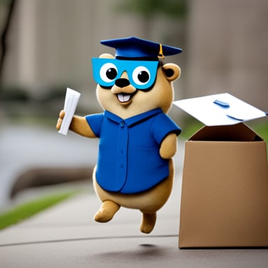 A happy Go Blue Gopher delivering mail.