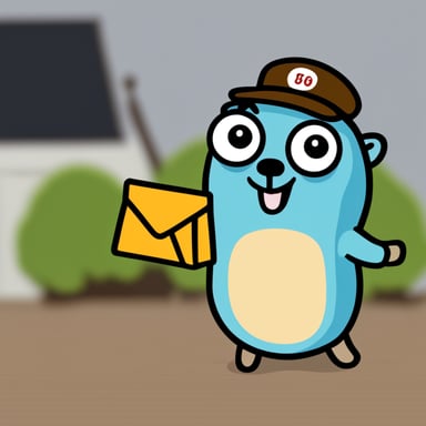 A happy go blue gopher delivering mail.