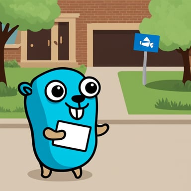 A happy Go Blue Gopher delivering mail.
