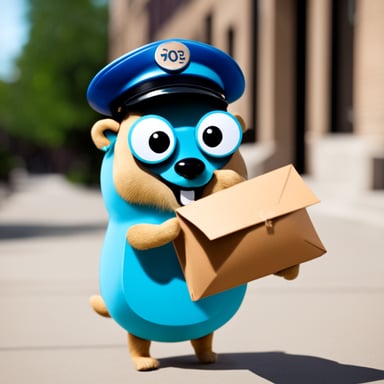 A happy Go Blue Gopher delivering mail.