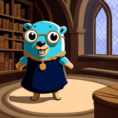 Go blue gopher in a dress in castle