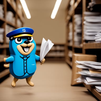 A happy go blue gopher delivering mail.