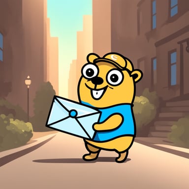 A happy go blue gopher delivering mail.