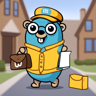 A happy go blue gopher delivering mail.