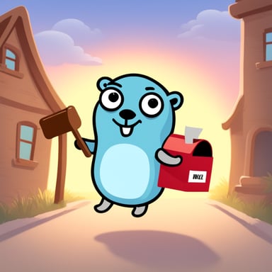 A happy go blue gopher delivering mail.