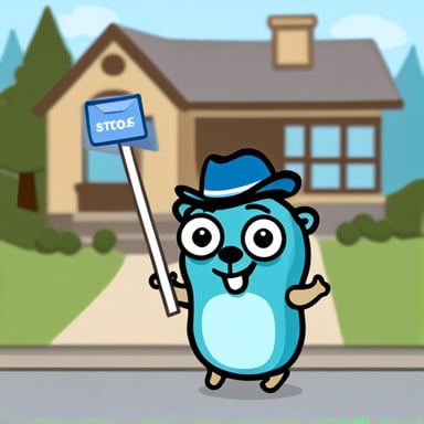 A happy go blue gopher delivering mail.