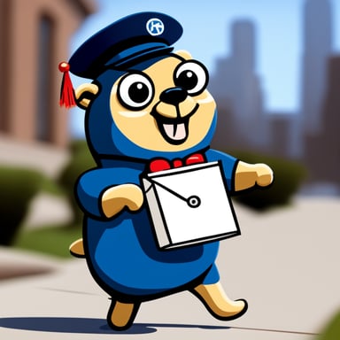 A happy go blue gopher delivering mail.