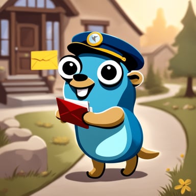 A happy go blue gopher delivering mail.