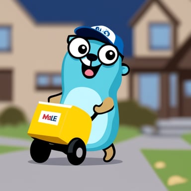 A happy go blue gopher delivering mail.