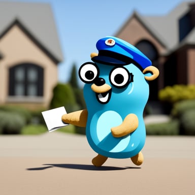 A happy Go Blue Gopher delivering mail.