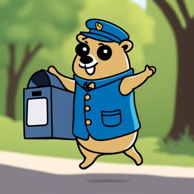 A happy Go Blue Gopher delivering mail.