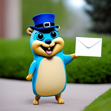 A happy Go Blue Gopher delivering mail.