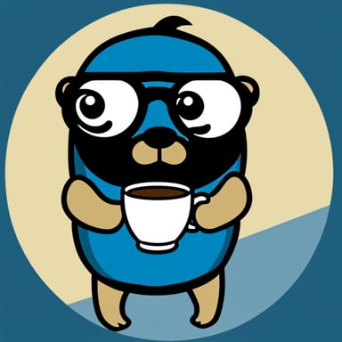 Go Blue Gopher with a large black beard, glasses, and a coffee cup.