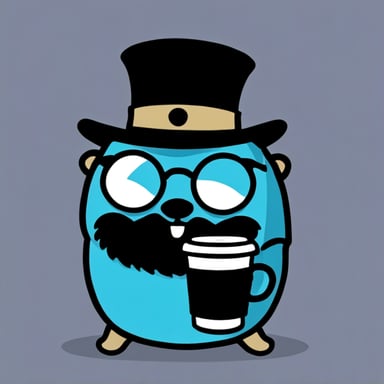 Go Blue Gopher with a large black beard, glasses, and a coffee cup.