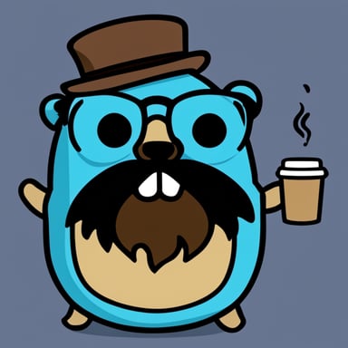 Go Blue Gopher with a large black beard, glasses, and a coffee cup.