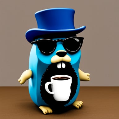 Go Blue Gopher with a large black beard, glasses, and a coffee cup.