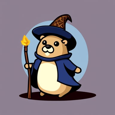 A wizard named Go Blue Gopher that holds a wand and looks wise.