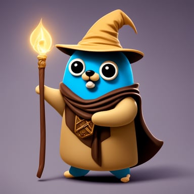 A wizard named Go Blue Gopher that holds a wand and looks wise.