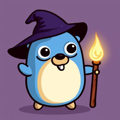 A wizard named Go Blue Gopher that holds a wand and looks wise.