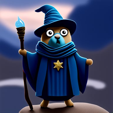A wizard named Go Blue Gopher that holds a wand and looks wise.