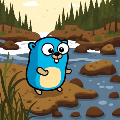 Go blue gopher on a river coast.