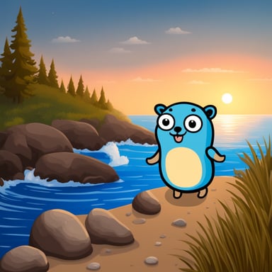 Go blue gopher on a river coast.