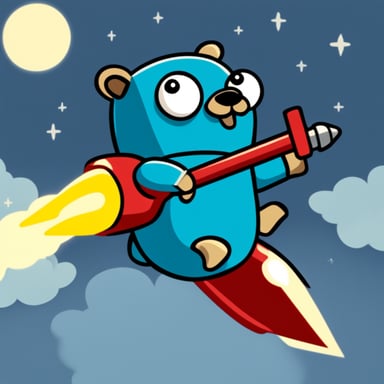 Go Blue Gopher riding a flying rocket while fixing it with a wrench.