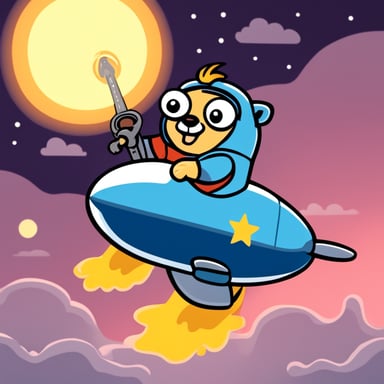 Go Blue Gopher riding a flying rocket while fixing it with a wrench.