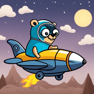 Go Blue Gopher riding a flying rocket while fixing it with a wrench.