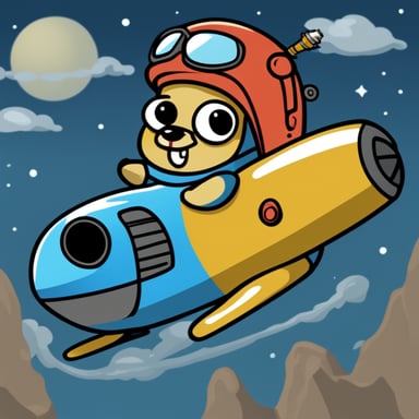 Go Blue Gopher riding a flying rocket while fixing it with a wrench.