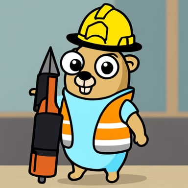 Go blue gopher is wearing a traffic cone as a hat, donning a warning vest, and holding a screwdriver in its hand.