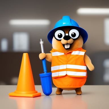 Go blue gopher is wearing a traffic cone as a hat, donning a warning vest, and holding a screwdriver in its hand.