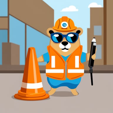 Go blue gopher is wearing a traffic cone as a hat, donning a warning vest, and holding a screwdriver in its hand.