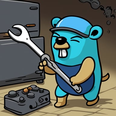 Frustrated go blue gopher hitting a server with a wrench.
