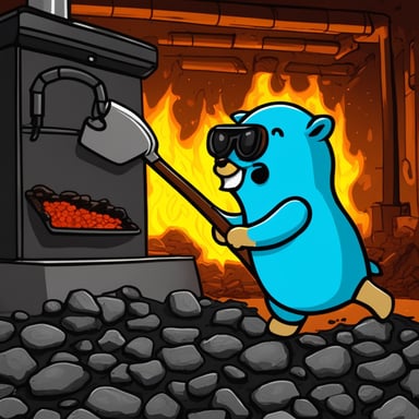 Go Blue Gopher shoveling coal into a burning furnace.