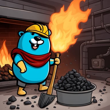 Go Blue Gopher shoveling coal into a burning furnace.