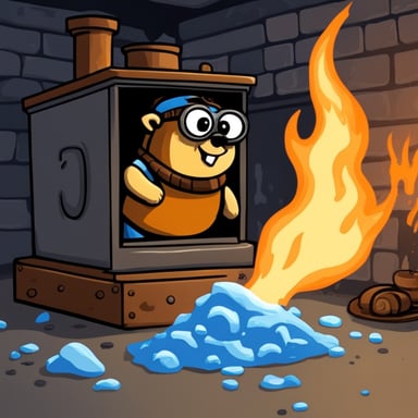 Go Blue Gopher shoveling coal into a burning furnace.