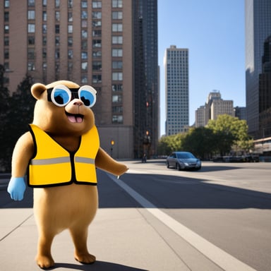 Go Blue Gopher with a traffic vest between two high-rise buildings.