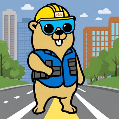 Go Blue Gopher with a traffic vest between two high-rise buildings.