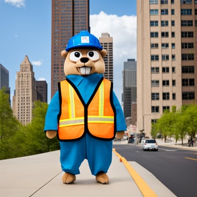 Go Blue Gopher with a traffic vest between two high-rise buildings.