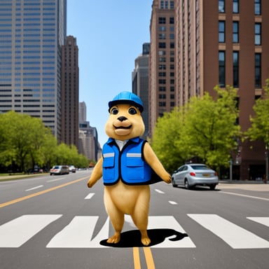 Go Blue Gopher with a traffic vest between two high-rise buildings.