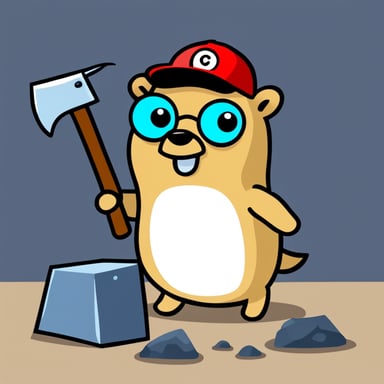 Go Blue Gopher is sweating and holding a hammer, forging on the anvil a small white box.