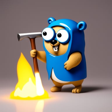 Go Blue Gopher is sweating and holding a hammer, forging on the anvil a small white box.