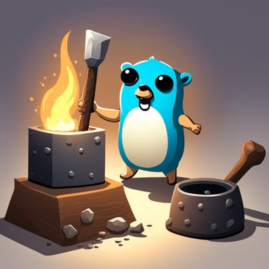 Go Blue Gopher is sweating and holding a hammer, forging on the anvil a small white box.