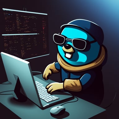 Go Blue Gopher hacking into the mainframe wearing hacker gloves.
