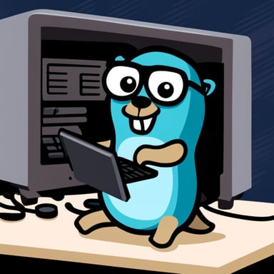 Go Blue Gopher hacking into the mainframe wearing hacker gloves.