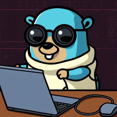 Go Blue Gopher hacking into the mainframe wearing hacker gloves.