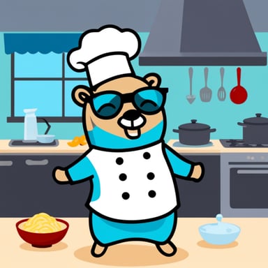 Go Blue Gopher as a chef in a kitchen cooking.