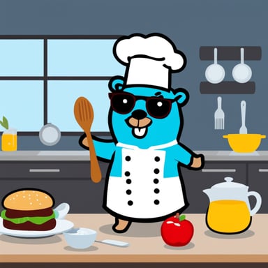 Go Blue Gopher as a chef in a kitchen cooking.
