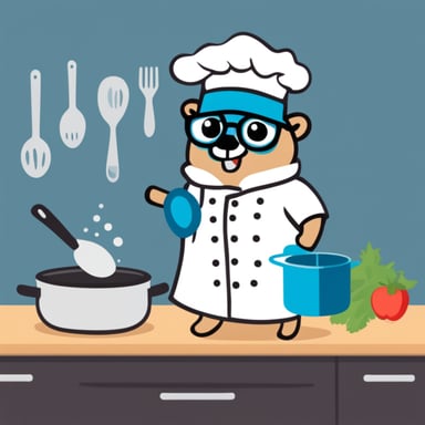 Go Blue Gopher as a chef in a kitchen cooking.